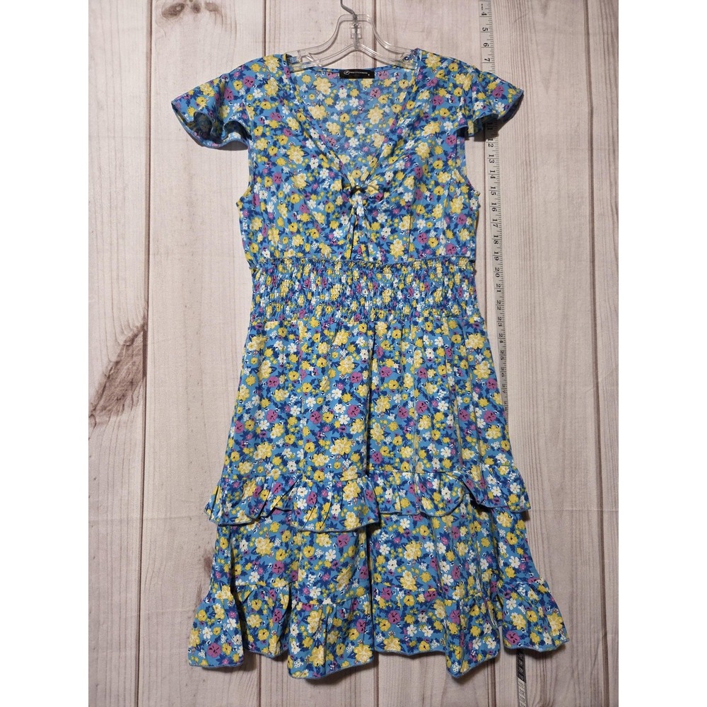 PrettyGarden Dress Womens Small Blue Floral‎ Ruffle Tiered Smocked Waist